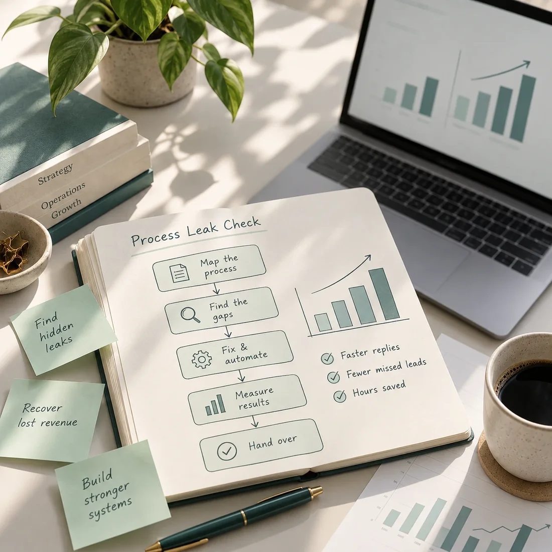 A notebook sketch of a process leak check — map the process, find the gaps, fix and automate, measure results — beside a laptop showing a rising chart.